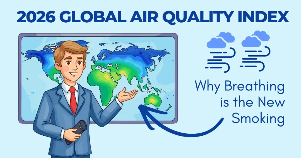 Cartoon of a news presenter standing in front of a 2026 Global Air Quality Index world map with the headline "Why Breathing is the New Smoking."