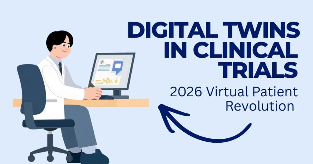 Illustration of a doctor using a computer to manage digital twins in clinical trials for the 2026 virtual patient revolution.