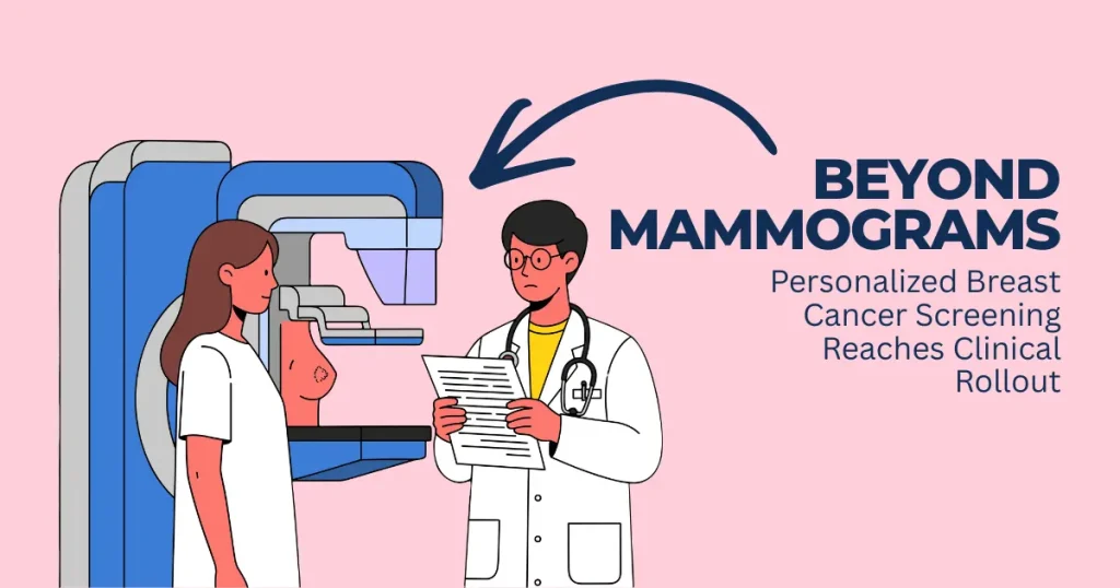 Illustration of a female patient and a doctor standing next to a mammogram machine with text overlay "Beyond Mammograms: Personalized Breast Cancer Screening Reaches Clinical Rollout."