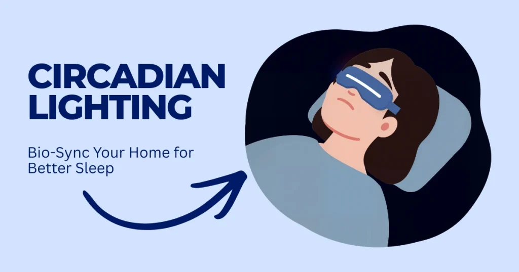 Illustration showing a person sleeping with an eye mask, titled Circadian Lighting: Bio-Sync Your Home for Better Sleep.