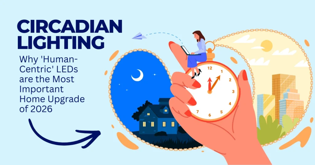 Conceptual illustration of circadian lighting benefits showing a split view of day and night home environments with a hand holding a clock, highlighting human-centric LED technology for 2026.