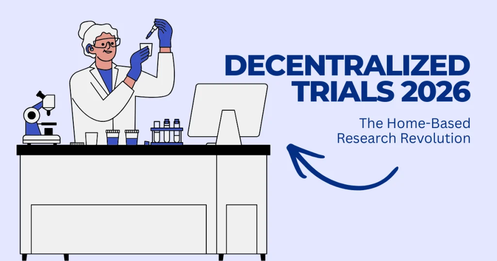 Illustration of a scientist in a lab setting representing Decentralized Clinical Trials 2026 and the home-based research revolution.