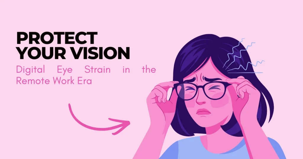 Protect Your Vision A remote worker sitting at a desk in a home office, rubbing their eyes with one hand while looking at a glowing laptop screen in a dimly lit room