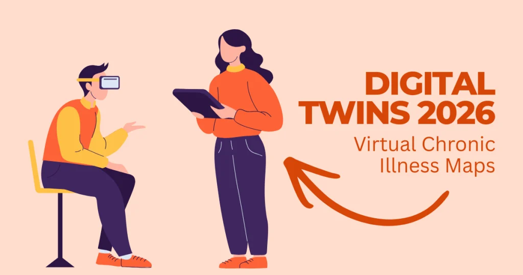 Illustration of a patient using a VR headset and a healthcare professional with a tablet, representing Digital Twins 2026 for virtual chronic illness mapping and personalized medical data visualization.
