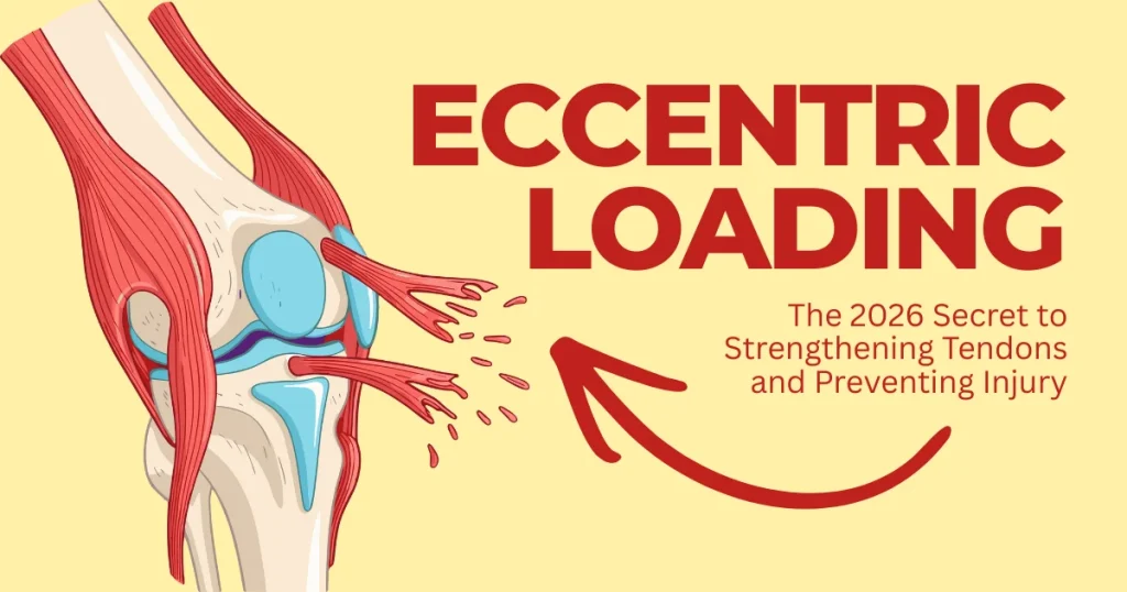 Anatomical diagram of a human knee joint showing muscle and tendon structure next to the text "Eccentric Loading: The 2026 Secret to Strengthening Tendons and Preventing Injury."