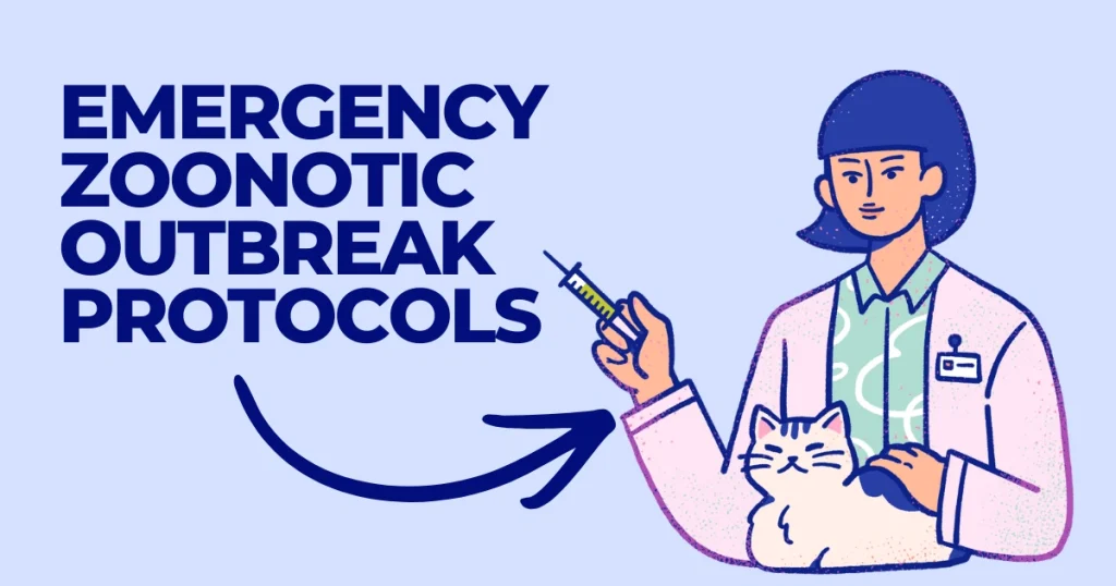Illustration for Emergency Zoonotic Outbreak Protocols featuring a female veterinarian in a lab coat holding a syringe and comforting a white cat.