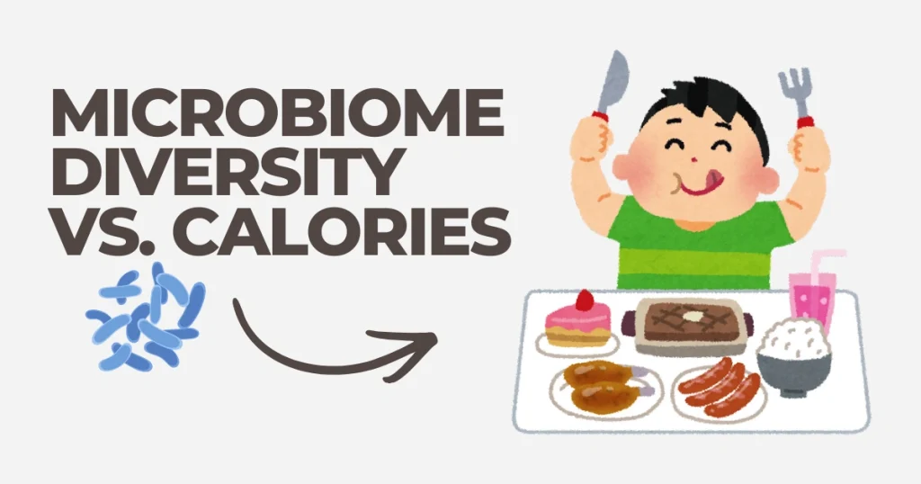 Illustration of a person eating a large meal titled "Microbiome Diversity vs. Calories: Why the Microbiome Diversity Score is the New Calorie Counting."