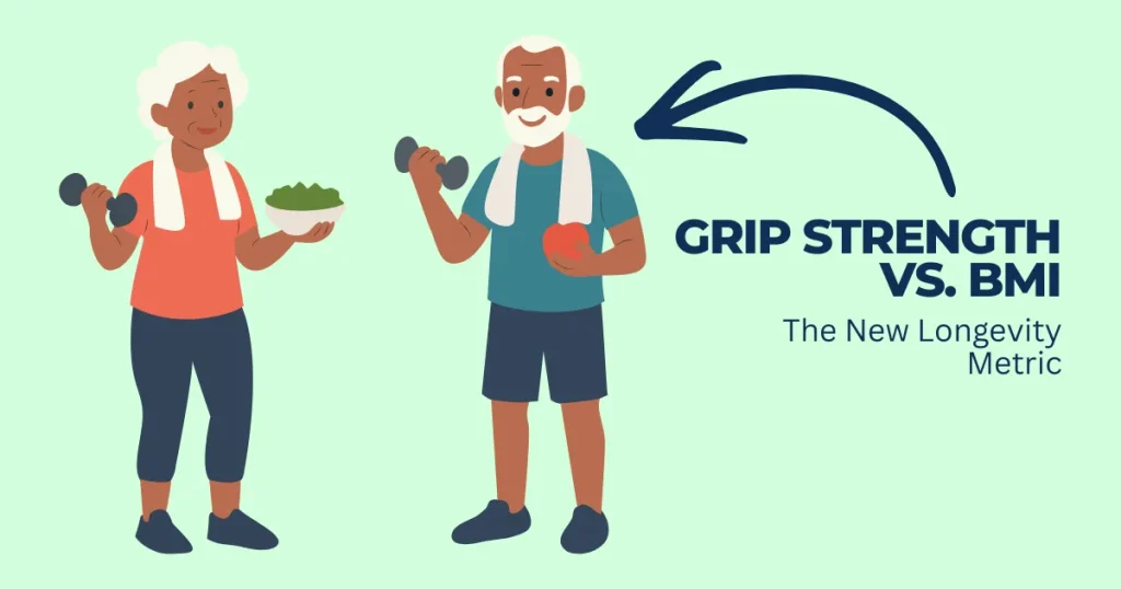 Illustration of an active senior man and woman holding dumbbells and healthy food, highlighting grip strength vs BMI as a longevity metric.