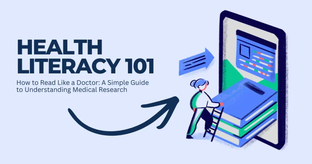 Illustration for Health Literacy 101 showing a person climbing a ladder into a digital tablet to understand medical research and scientific data.