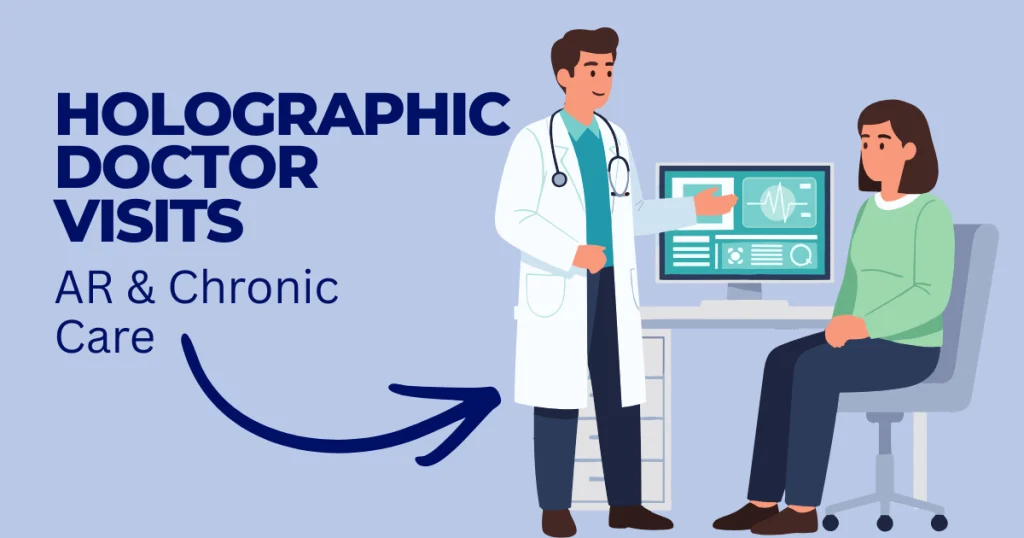 Illustration of a doctor using holographic AR technology to treat a patient, titled Holographic Doctor Visits for Chronic Care.