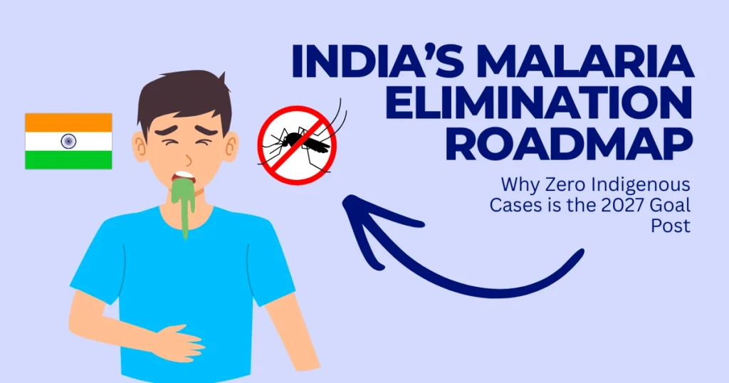 Illustration of India's Malaria Elimination Roadmap 2027 goal of zero indigenous cases with the national flag and a mosquito icon.