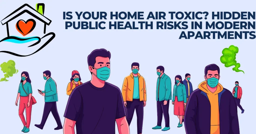 Illustration of people wearing masks in an apartment setting with green gas clouds, highlighting indoor air pollution risks.