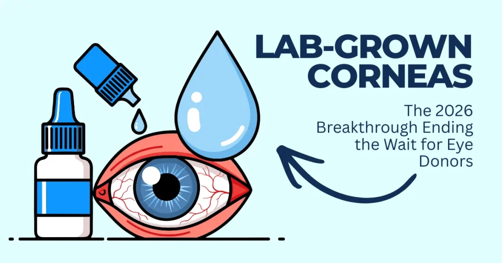 Illustration of an inflamed eye receiving medical drops next to text announcing lab-grown corneas as the 2026 breakthrough for eye donor shortages.