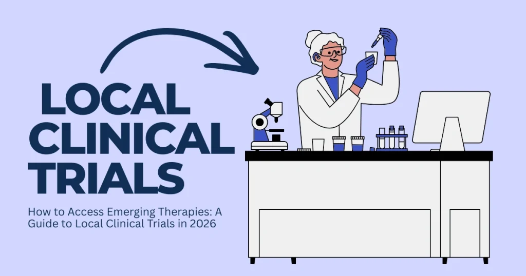 Illustration of a female scientist in a lab working with a microscope and test tubes, titled Local Clinical Trials 2026: A Guide to Accessing Emerging Therapies.