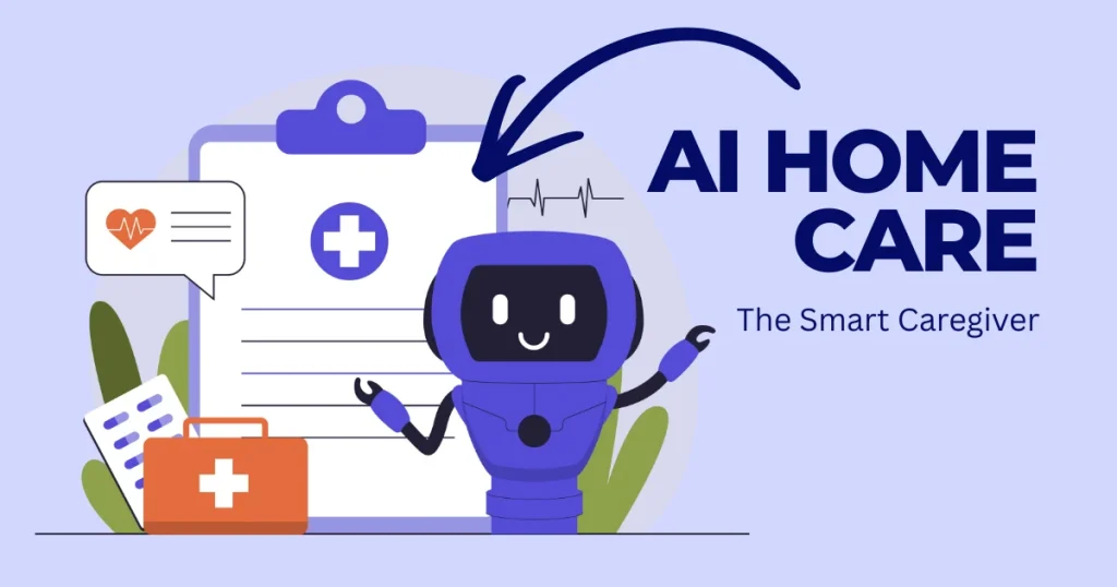 Blue AI robot character standing in front of a medical clipboard and first aid kit, representing AI home care and remote health monitoring for chronic illness.