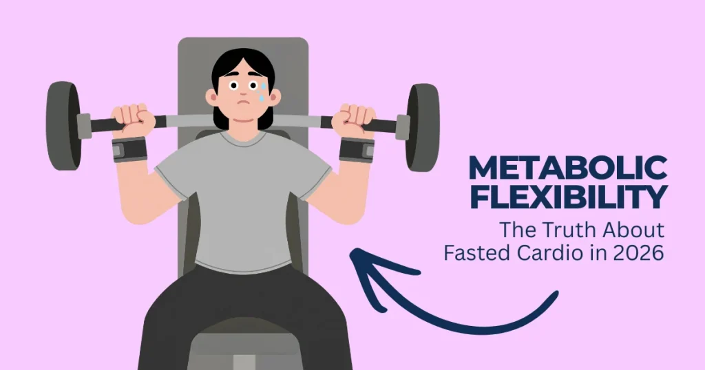 An illustration of a person weightlifting on a bench press with text overlay reading "Metabolic Flexibility: The Truth About Fasted Cardio in 2026" on a pink background.