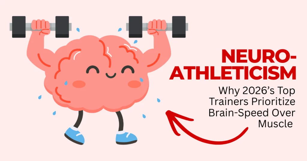 An illustration of a muscular pink brain lifting dumbbells, representing Neuro-Athleticism and brain-speed training trends in 2026.