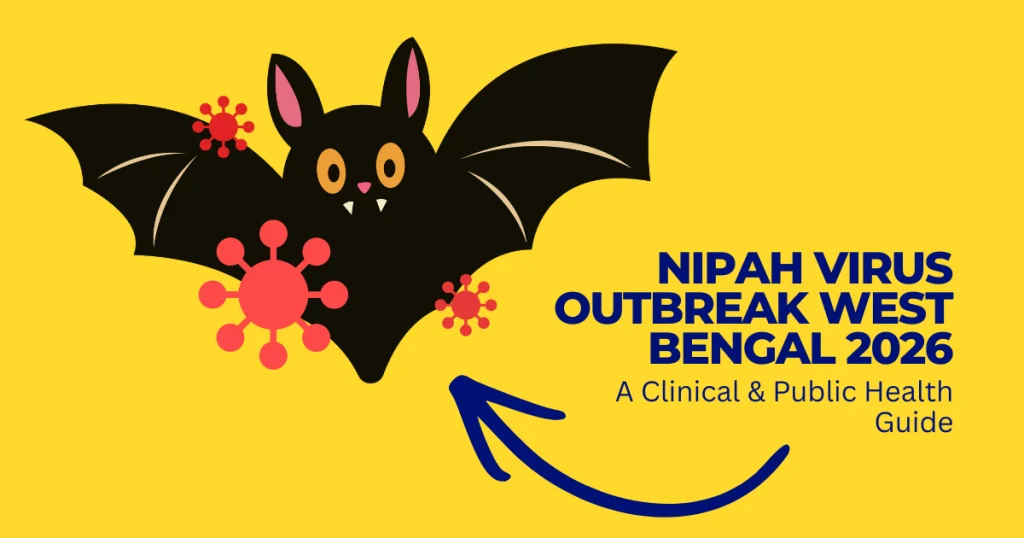 Illustration of a black fruit bat with red Nipah virus molecules on a yellow background, featuring the text "Nipah Virus Outbreak West Bengal 2026: A Clinical & Public Health Guide."