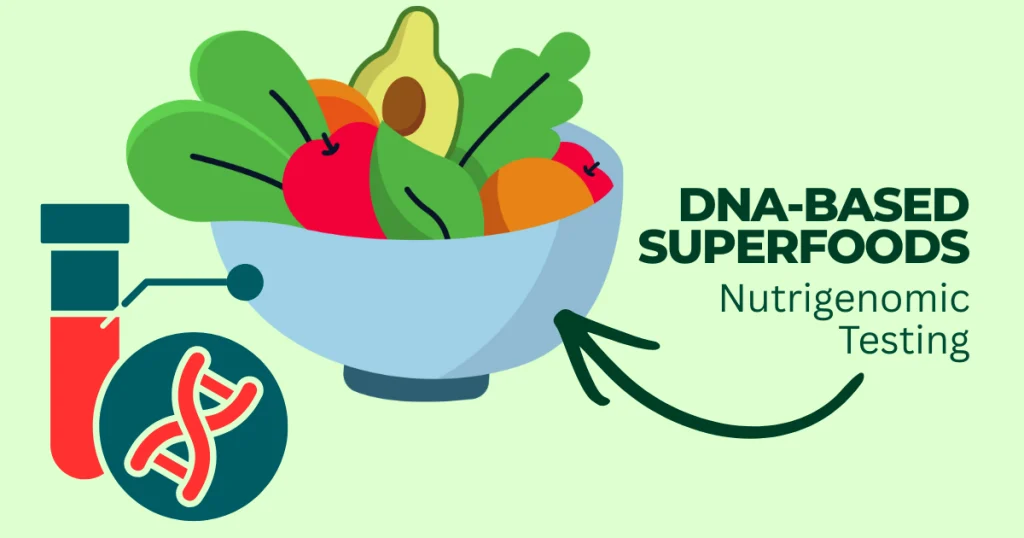 Illustration of a DNA test tube next to a bowl of superfoods like avocado and greens, representing nutrigenomic testing for personalized nutrition.