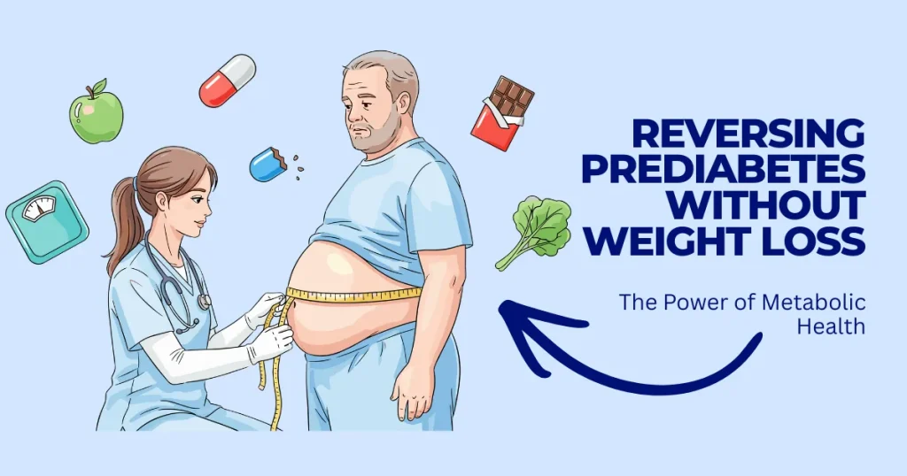Illustration of a doctor measuring a patient's waistline with text overlay "Reversing Prediabetes Without Weight Loss: The Power of Metabolic Health."