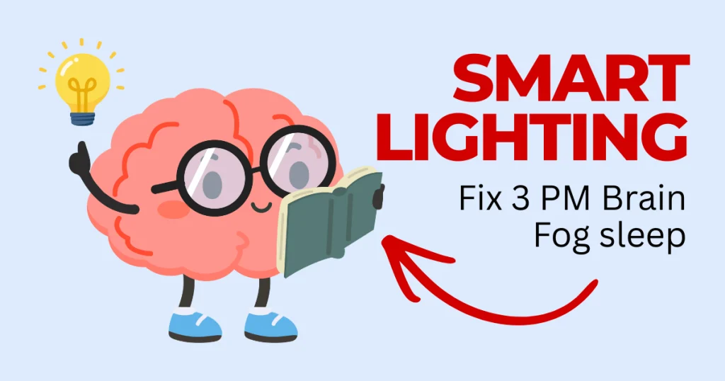 Cartoon brain wearing glasses reading a book under a bright lightbulb, illustrating how smart lighting fixes 3 PM brain fog and improves sleep.