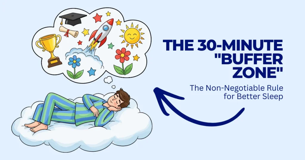 Illustration of a man sleeping peacefully on a cloud with a thought bubble of success and happiness, titled The 30-Minute Buffer Zone: The Non-Negotiable 2026 Rule for Better Sleep.