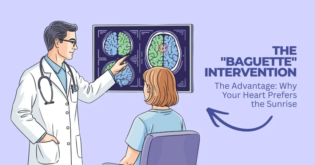 Illustration of a male doctor in a white lab coat pointing to a brain MRI scan while consulting with a female patient. Text on the right reads "The Baguette Intervention: The Advantage: Why Your Heart Prefers the Sunrise."