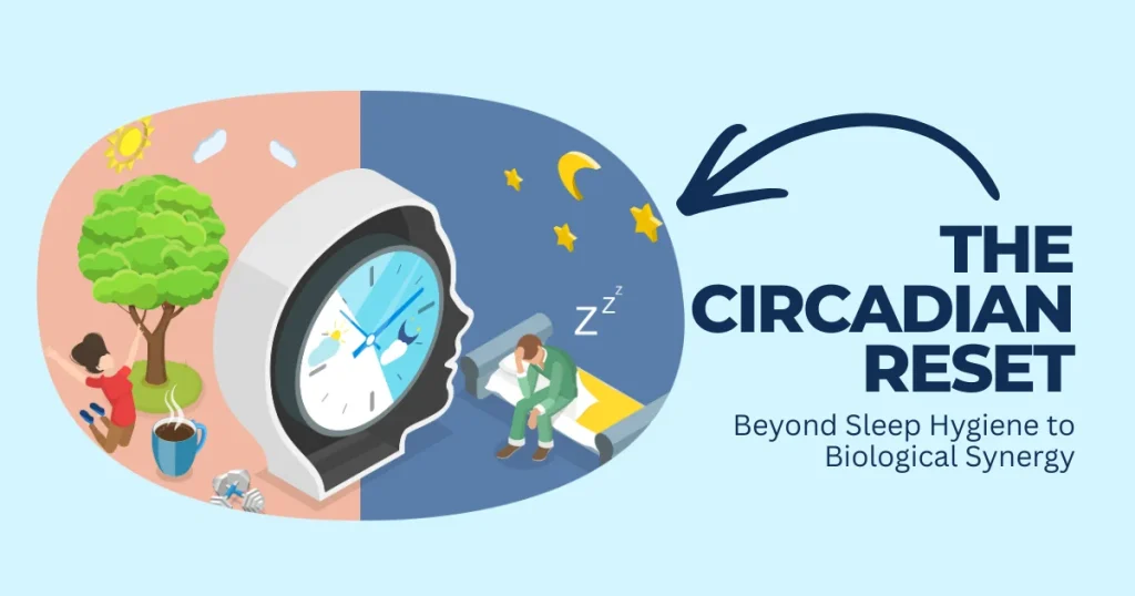 #1 The Circadian Reset Guide | Beyond Sleep Hygiene Conceptual illustration titled The Circadian Reset showing a human head as a clock, contrasting daytime activities like sunlight and exercise with nighttime sleep cycles to explain biological synergy.