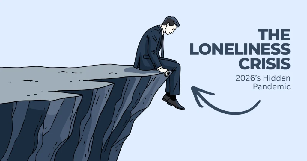 Illustration of a man in a suit sitting on the edge of a cliff, representing the 2026 loneliness crisis and mental health pandemic.