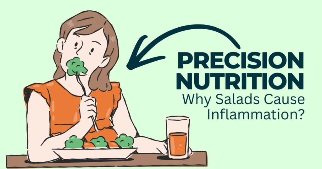 Illustration of a woman eating a broccoli salad with text overlay reading "Precision Nutrition: Why Salads Cause Inflammation?" representing the microbiome paradox.