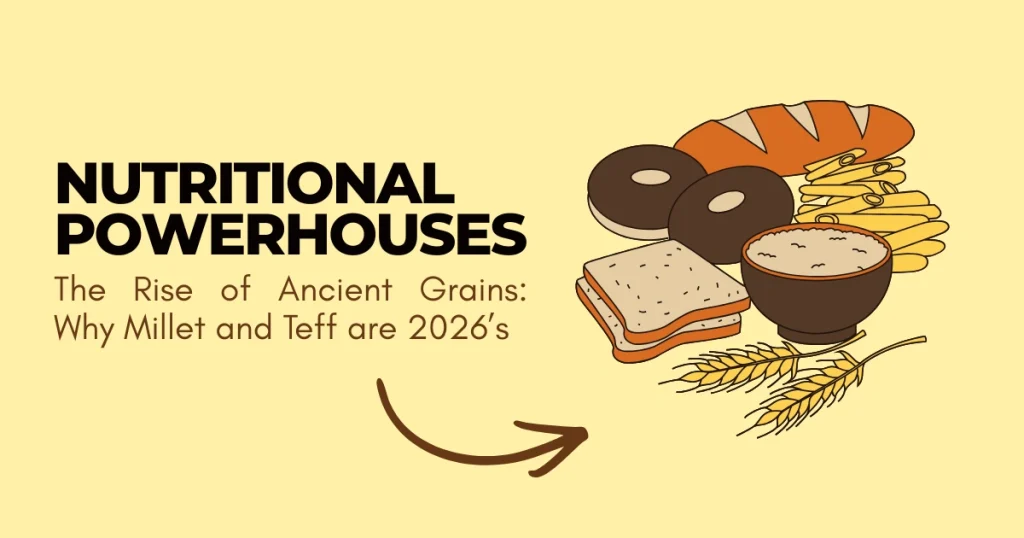 A side-by-side comparison of raw proso millet seeds and tiny dark brown teff grains in minimalist ceramic bowls, set against a rustic wooden background with stalks of grain.