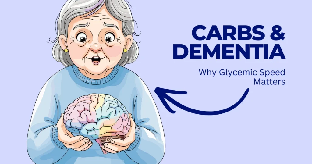 Illustration of an elderly woman holding a human brain with text overlay reading "Carbs & Dementia: Why Glycemic Speed Matters."