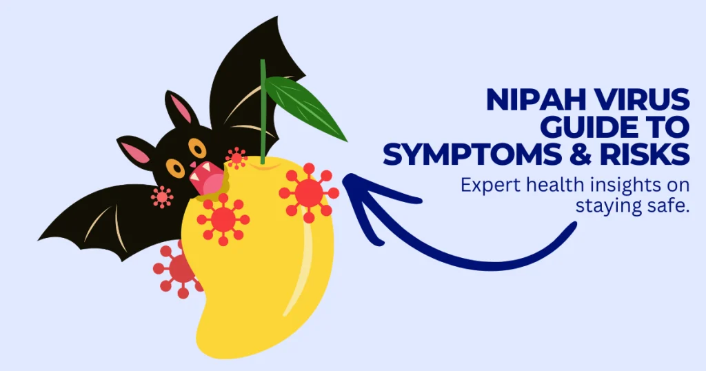 Illustration of a fruit bat biting a mango contaminated with Nipah virus particles, representing the transmission of zoonotic diseases.