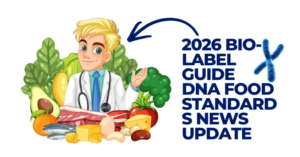 2026 Bio-Label Guide | DNA Food Standards News Update Cartoon doctor presenting fresh food groups including meat, vegetables, and dairy, with text overlay '2026 Bio-Label Guide DNA Food Standards News Update' and a chromosome icon.