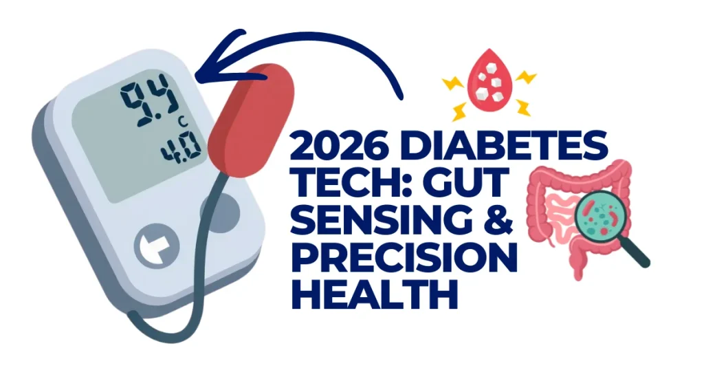 Graphic showing 2026 diabetes technology featuring a digital glucose monitor, a gut-sensing pill, and an illustration of the human digestive system with microbiome analysis.