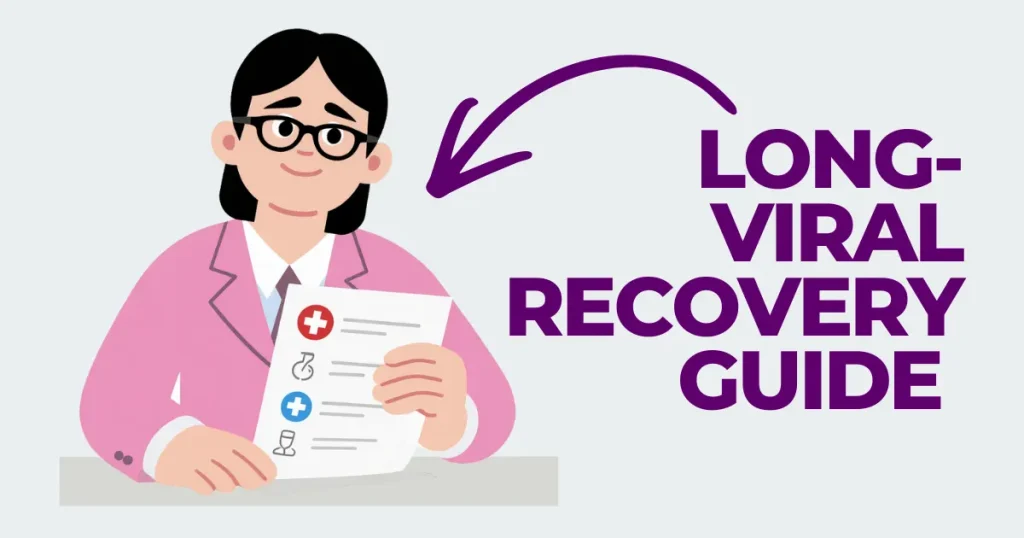 Illustration of a medical professional in a pink blazer holding a recovery checklist, titled "Long-Viral Recovery Guide" for 2026 health protocols.