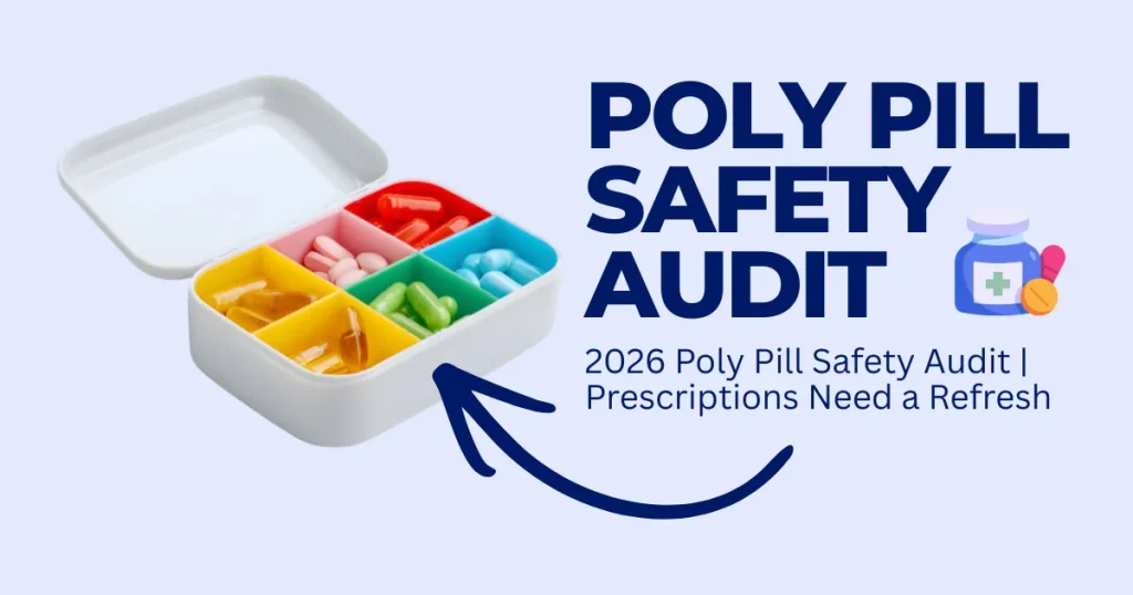 2026 Poly Pill Safety Audit infographic featuring a multi-compartment pill organizer with various colorful capsules and a blue medicine bottle icon.