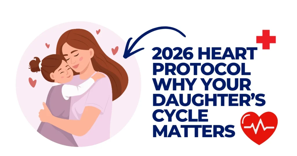 Illustration of a mother hugging her daughter with text "2026 Heart Protocol: Why Your Daughter’s Cycle Matters" and a medical heart icon.