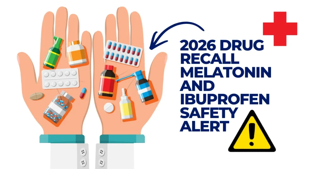 Graphic showing various medications in open hands with text announcing a 2026 drug recall and safety alert for melatonin and ibuprofen.