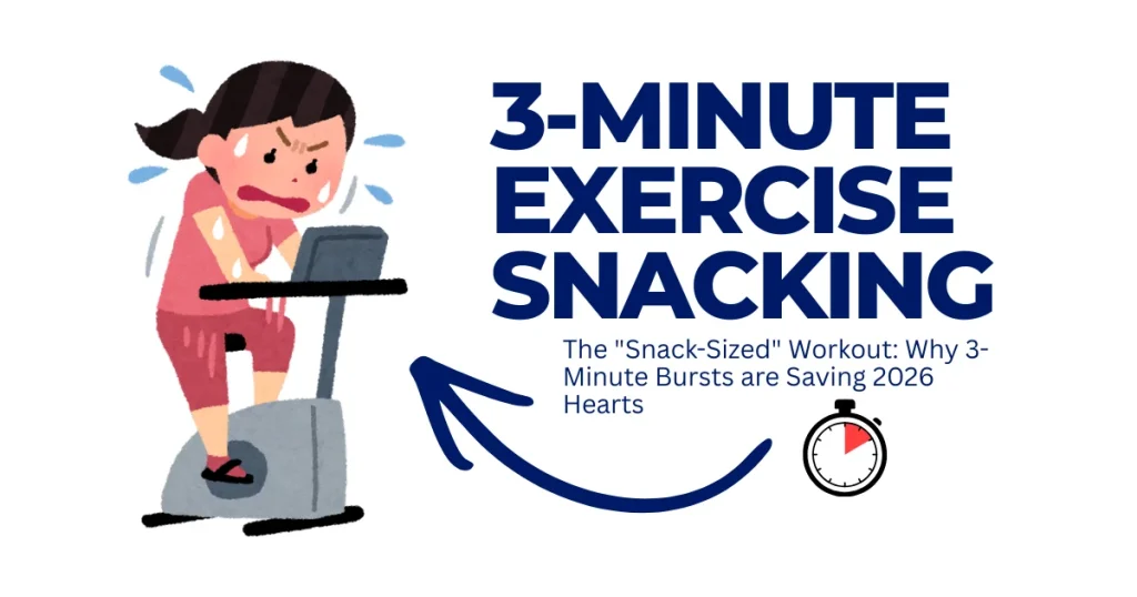 3-Minute Exercise Snacking | The 2026 Heart Health Revolution Illustration of a woman intensely cycling on an indoor bike next to text reading "3-Minute Exercise Snacking: The 2026 Heart Health Revolution."
