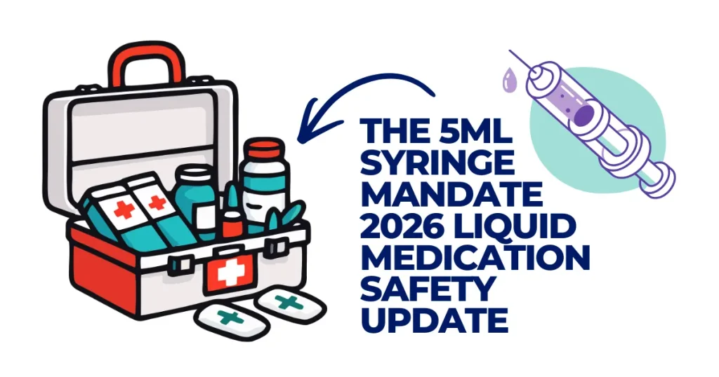 2026 Liquid Medication Safety Update | The 5mL Syringe Mandate Illustration of a medical first aid kit and a 5ml syringe for the 2026 liquid medication safety mandate. Liquid Medication Safety Update