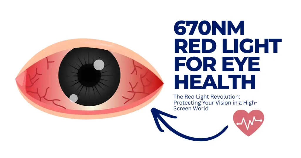 Illustration of a red, strained eye next to text promoting 670nm red light therapy for eye health and vision protection against screen strain.