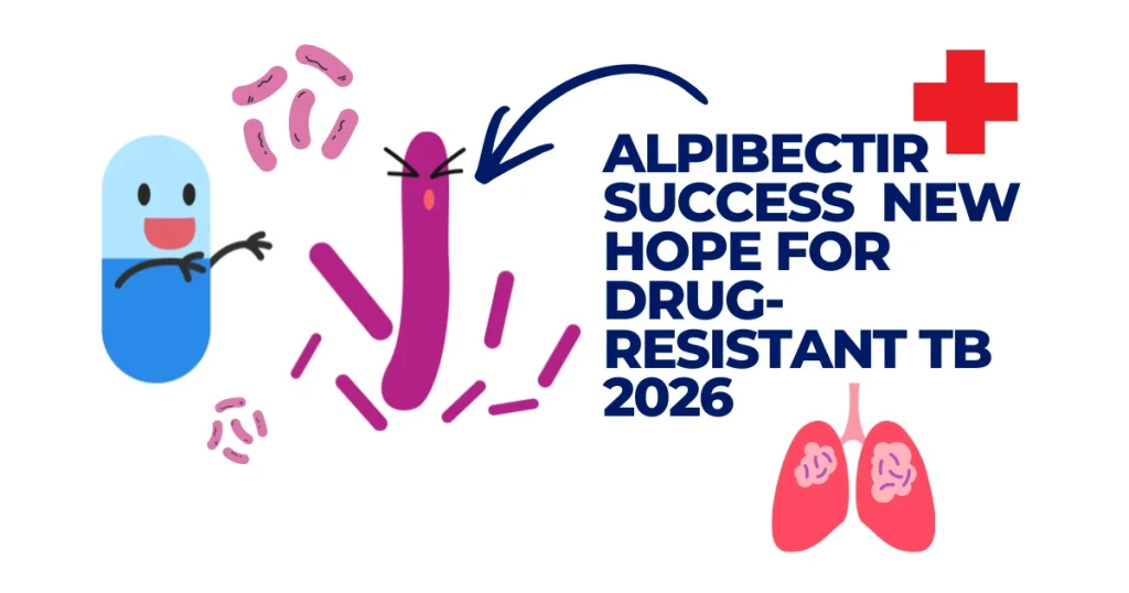 Illustration of a medical pill character defeating drug-resistant TB bacteria, titled "Alpibectir Success: New Hope for Drug-Resistant TB 2026" with a lung icon.