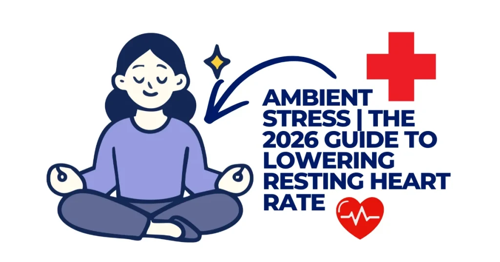Illustration of a woman practicing mindful meditation to manage ambient stress and lower resting heart rate, featuring a red cross and heart icon.