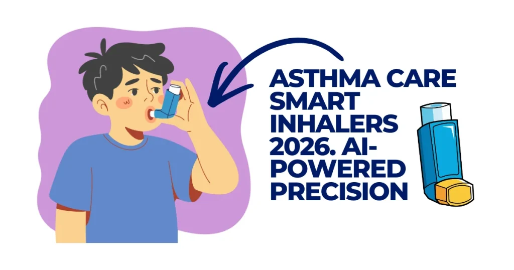 Illustration of a young boy using an AI-powered smart inhaler for asthma care, featuring 2026 precision medical technology and digital health tracking.