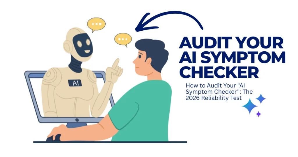 An illustration showing a person consulting a robot on a computer screen, titled "Audit Your AI Symptom Checker: The 2026 Reliability Test."