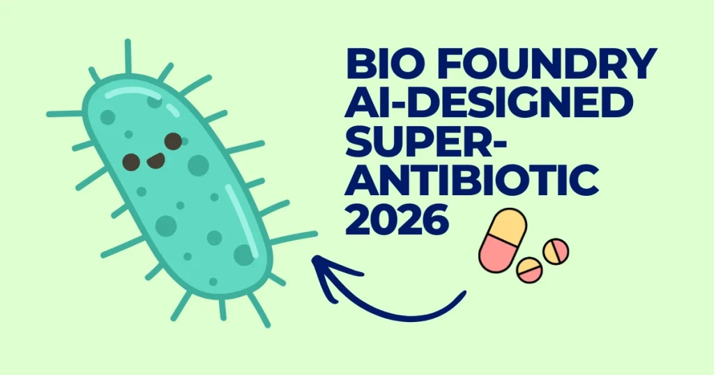 Bio Foundry | AI-Designed Super-Antibiotic 2026 Cute teal microbe illustration next to pills with text reading "Bio Foundry AI-Designed Super-Antibiotic 2026," representing breakthroughs in synthetic biology.