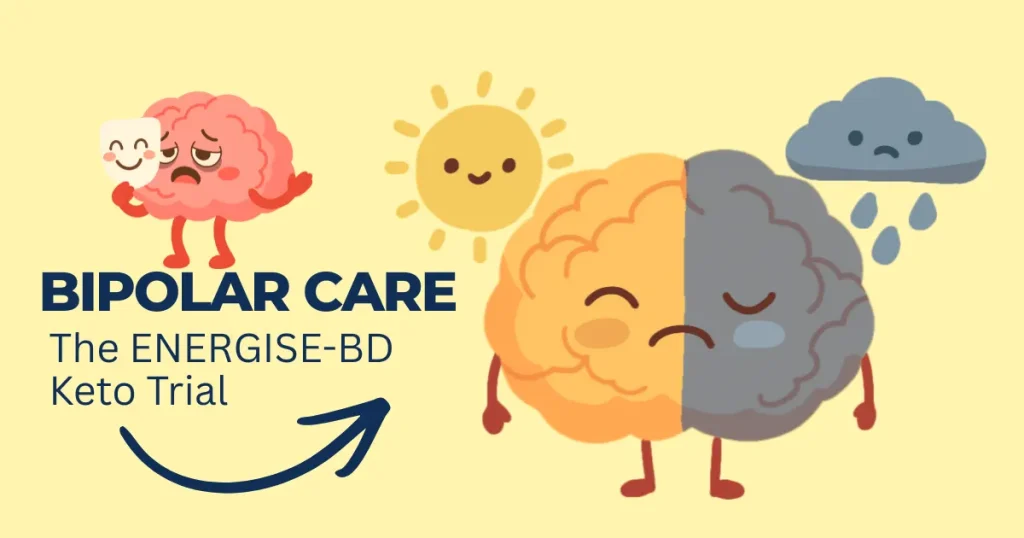 Illustrative graphic for the ENERGISE-BD Keto Trial for Bipolar Care, featuring cartoon brain characters representing mood swings, a sun, and a rain cloud on a yellow background.