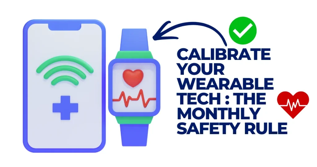 3D illustration of a smartphone and smartwatch with a heart rate monitor icon, featuring the text "Calibrate Your Wearable Tech: The Monthly Safety Rule" with a green checkmark.
