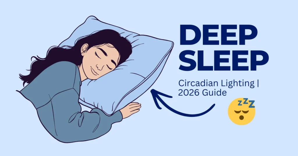 Illustration of a woman sleeping peacefully on a pillow, featuring text for a 2026 guide to circadian lighting and deep sleep.